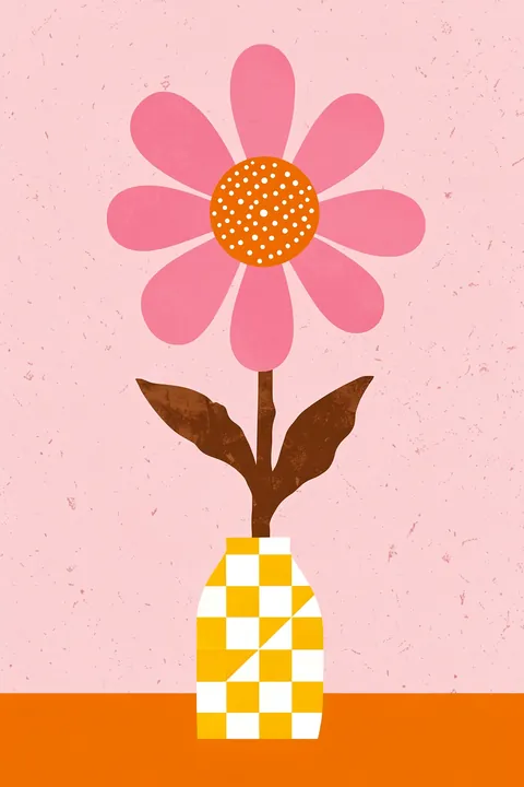 Spring Flower #04. A single pink flower with a dotted orange center stands in a yellow-and-white checkered vase on an orange tabletop.