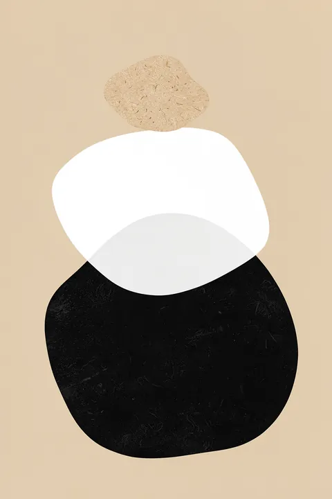 Stacked Organic Shapes. Three rounded organic shapes in tan, white, and black are stacked vertically on a warm beige background.