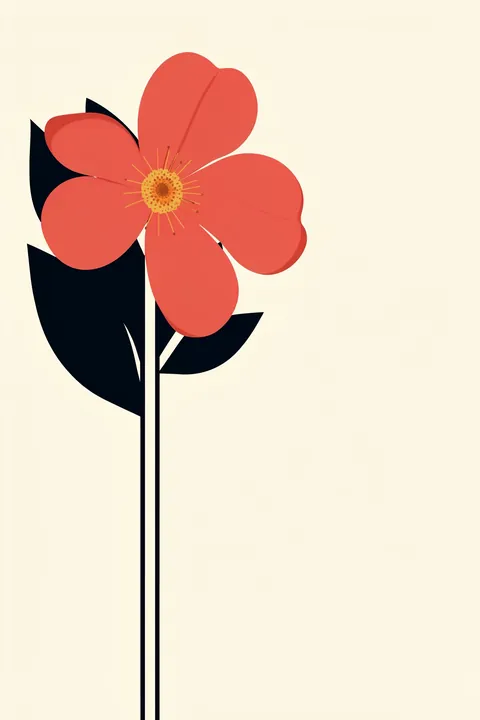Thinking of You. A single coral-red flower with dark navy leaves rises on a long stem against pale cream.