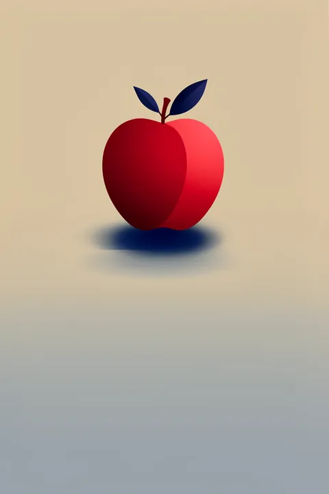 This is an Apple. A stylized red apple with two dark-blue leaves floats above a soft shadow on a beige-to-gray background.
