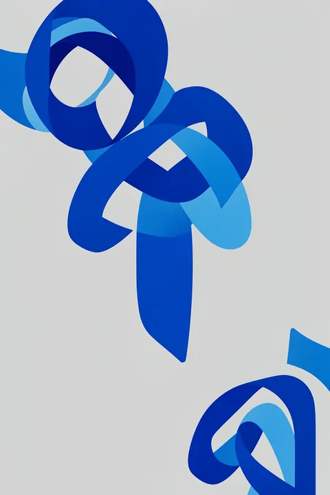 Abstract Brush Strokes 65X. Bold interlocking loops and broad ribbonlike forms in dark and light blue cross a pale gray background.