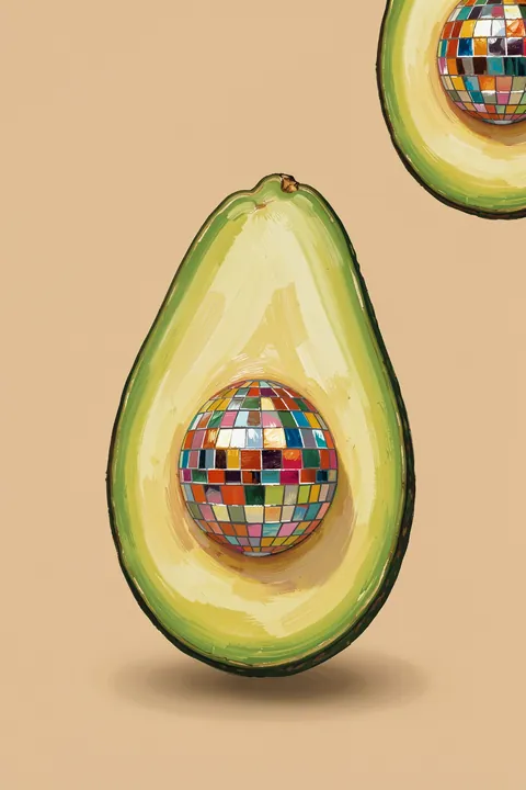 Avocado Disco Ball. A halved avocado contains a colorful mirrored disco ball in place of its pit, with part of another avocado cropped at the upper right.