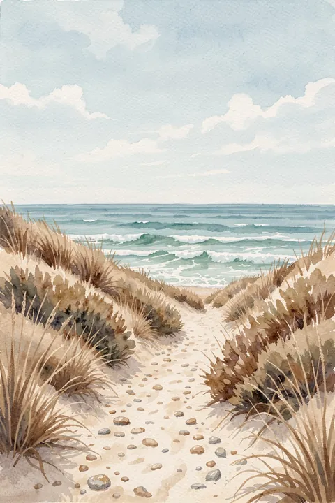 Beach Path. A sandy path winds through dune grasses toward a blue-green sea beneath a lightly clouded sky.