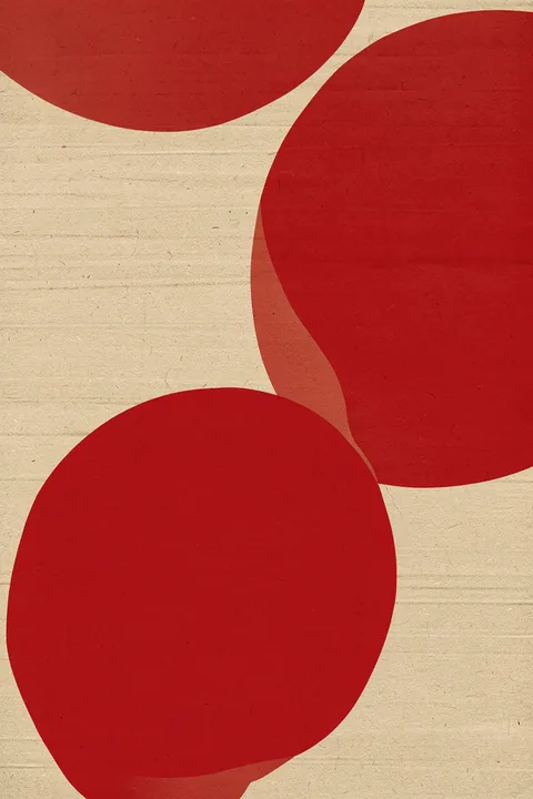 Crimson Echoes. Three large, textured crimson circles overlap and crop against a warm beige ground.