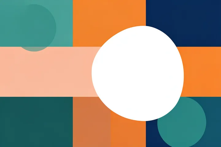 Geometric Color Blocks. Blocks of teal, orange, navy, and peach surround a large white circle and smaller teal dots in a layered geometric composition.