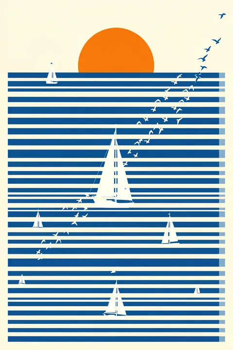 Ocean Sunset Sailboats. White sailboats and birds cross a stylized seascape of navy and cream stripes beneath an orange sun.