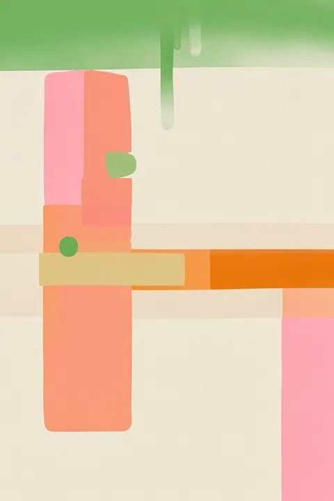 Pastel Abstract 1. Soft pastel rectangles and ribbons in sage, cream, peach, pink, and yellow overlap in a loose abstract composition.