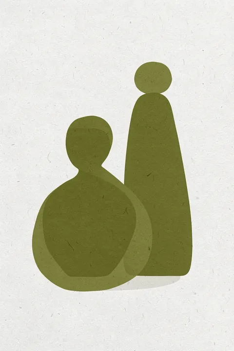 Silent Harmony. Two simple olive-green abstract figures, one taller and upright and one lower and rounded, stand on a textured off-white ground.
