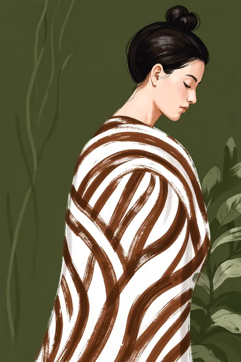 Sleeping princess. A woman with dark hair in a bun looks downward, wrapped in a broad white garment marked with sweeping brown stripes against an olive-green botanical background.