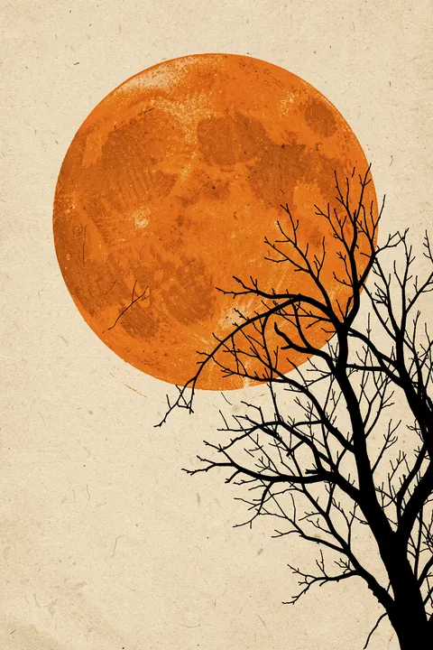 Winter Glow. A huge textured orange moon hangs behind the dark, bare branches of a tree on a speckled beige background.