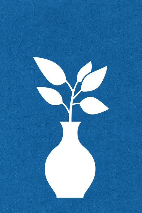 Indigo Plant Vase. A white silhouette of a leafy sprig in a rounded vase stands centered on a textured indigo-blue background.