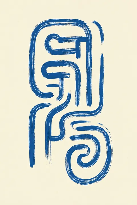 Modern Blue Labyrinth. Thick, distressed blue lines form a loose maze-like grid over a black field, partly covering two large tan circles.