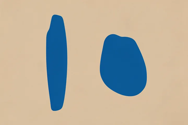 Modern Organic Forms. Two solid blue organic shapes, one tall and narrow and the other rounded, are spaced across a textured beige background.
