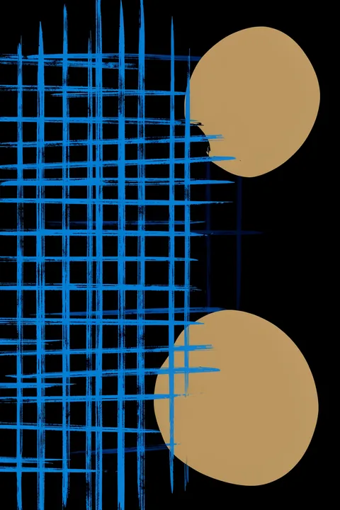 Shape Play 10. Electric-blue crosshatched brush lines cover the left side of a black field, overlapping two large tan circles on the right.
