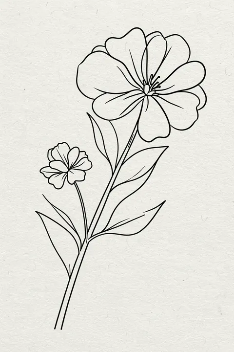 Bonjour Blooms. Two simple black line-drawn flowers with long stems and pointed leaves rise on textured off-white paper.