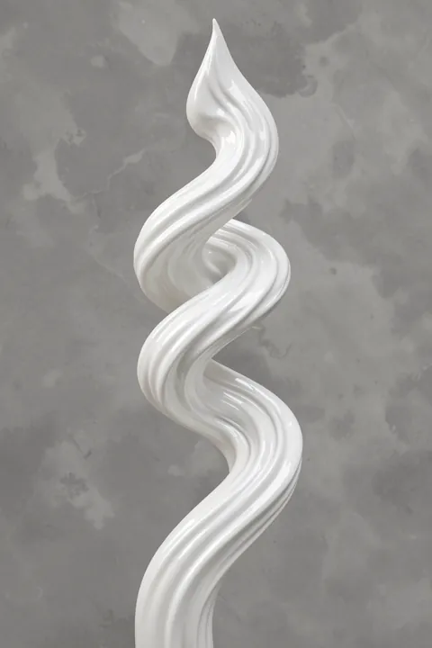 Fluid Gray Abstract. A glossy white ribbon-like form twists vertically against a mottled gray background.