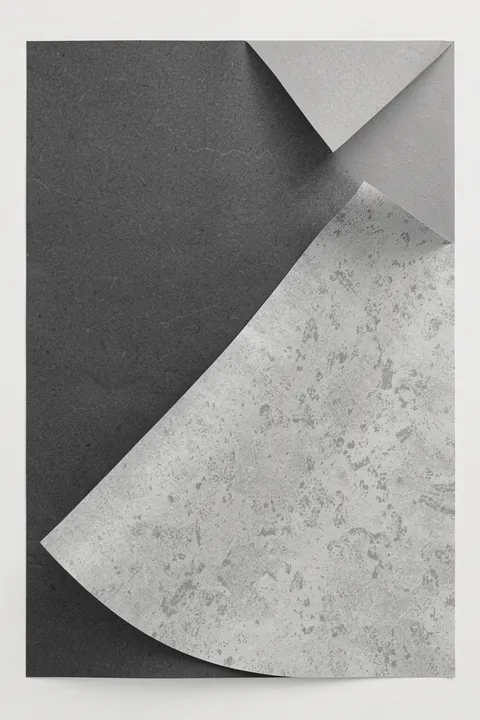 Layered Blue Abstraction. Overlapping angular panels in charcoal and pale gray form a layered geometric composition on an off-white ground.