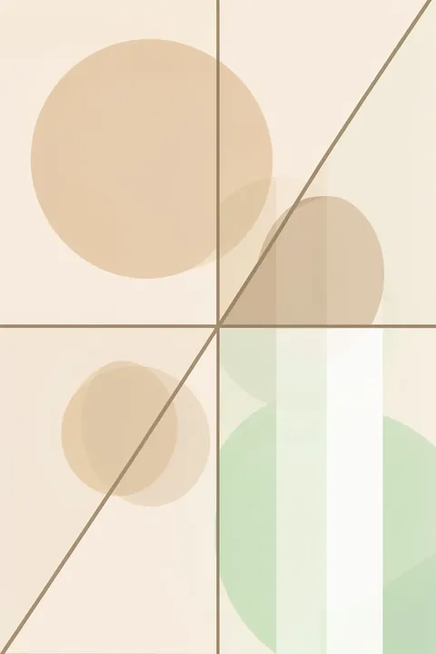 Serene Layered Geometry. Muted beige circles, semicircles, and thin intersecting lines create a balanced geometric arrangement on cream.