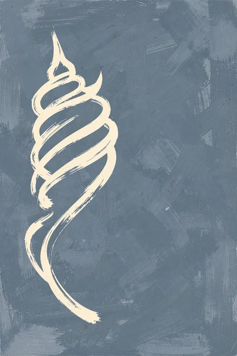 Shell Spiral Dream. A cream-colored spiral form is painted on a textured slate-blue background.