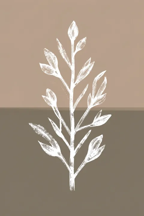 Whispering Petals. A white line drawing of a leafy stem and buds stands across a two-tone taupe and gray background.