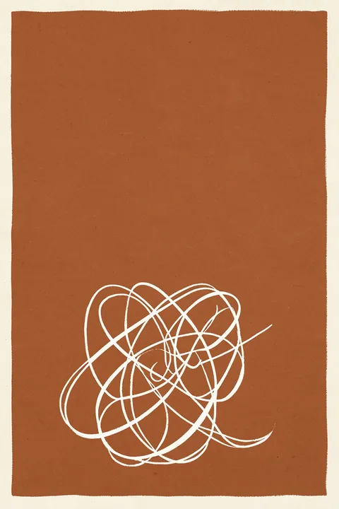 Abstract Terracotta Loops. A cluster of looping white lines gathers near the bottom of a terracotta rectangle framed by cream margins.