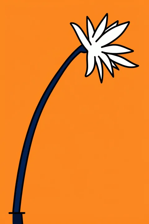 Bold Botanical Bloom. A large white flower outlined in black curves on a long dark-blue stem against a bright orange field.