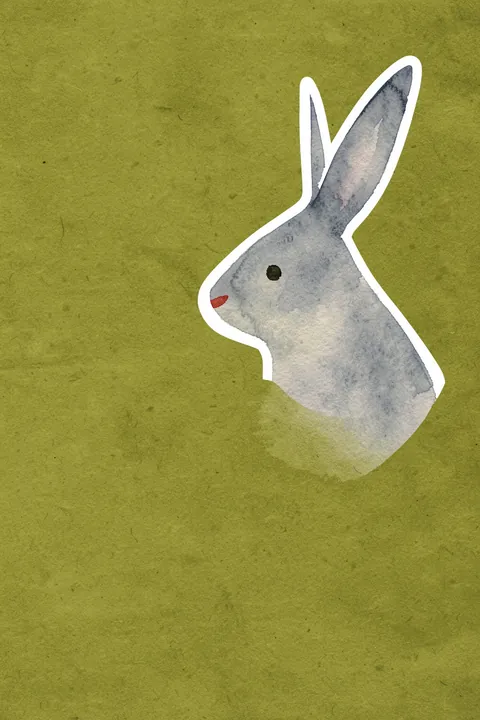 Rabbit Green Canvas1. A pale gray rabbit head with long upright ears is outlined in white against a textured olive-green background.