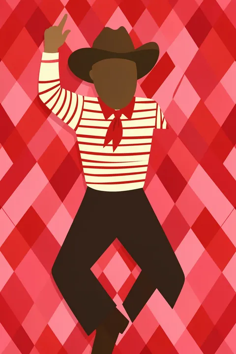 Retro Dance Character. A faceless figure in a wide-brimmed brown hat and striped cream shirt poses with one arm raised against a red-and-pink diamond pattern.