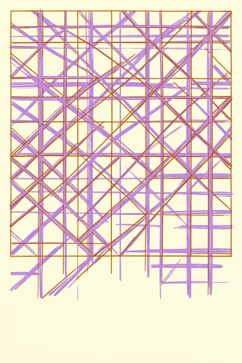 Soft Lavender Grid. A dense grid of intersecting lavender and ochre lines is drawn across a warm cream background.