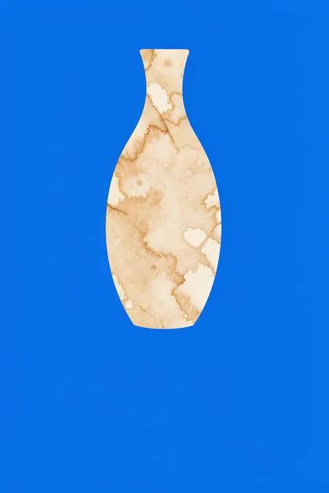 Abstract Blue Vase. A tall cream vase with a marbled tan pattern is centered against a vivid blue background.