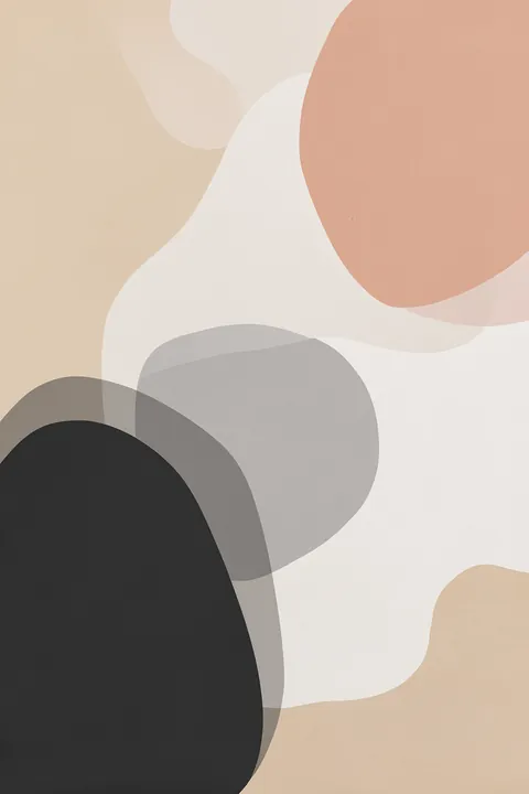 Abstract Earthy Shapes. Overlapping soft-edged forms in black, gray, cream, taupe, and muted terracotta fill an off-white ground.