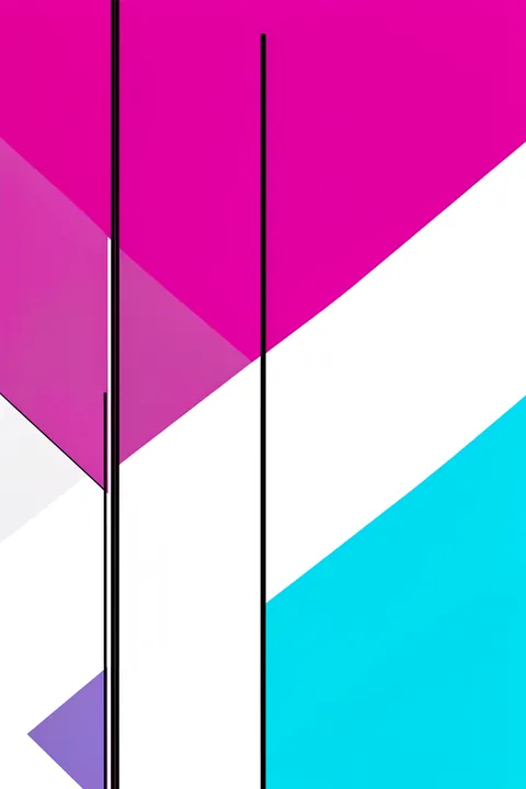 Abstract Geometric Interior. Bold magenta, white, and cyan diagonal panels are divided by thin black vertical lines.
