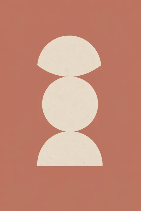 Balanced Geometric Forms. Three cream geometric forms—a semicircle, circle, and half-circle—are stacked vertically on a terracotta background.