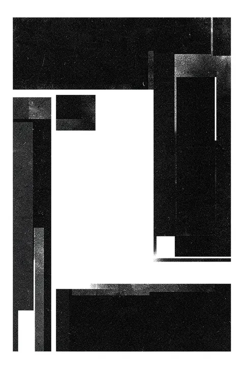 Black and White Maze. A grainy black-and-white geometric maze of rectangular bands and open white channels fills a bordered panel.