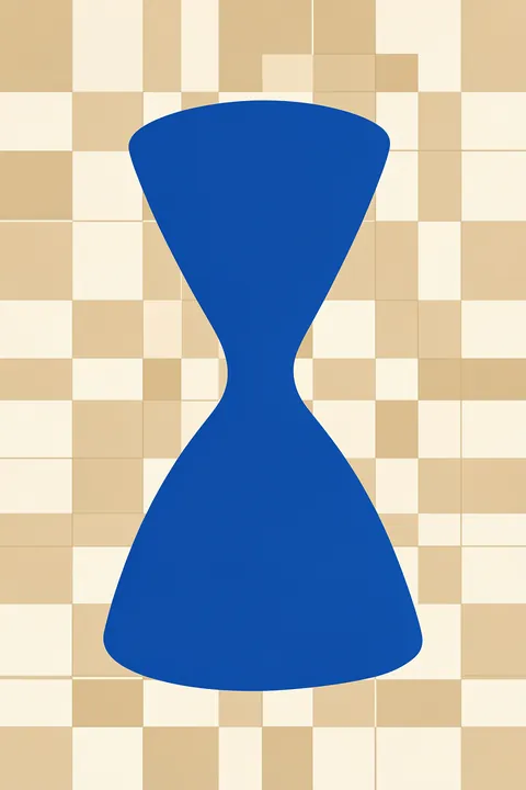 Blue Abstract Vase. A solid cobalt-blue vase silhouette stands against a beige-and-cream checkerboard.