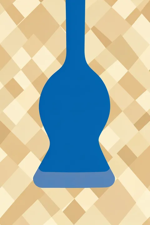 Blue Abstract Vase. A narrow-necked blue vase silhouette sits over a repeating pattern of tan and cream diamonds.