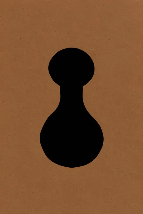 Earthy Abstract Black Form. A simple black vase silhouette with a round top and curved body is centered on textured brown paper.