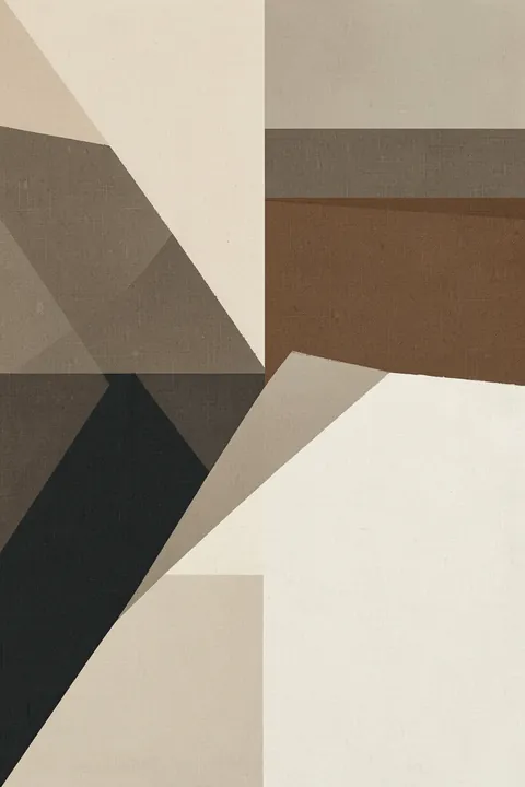 Earthy Abstract Forms. Interlocking triangles, rectangles, and angled panels in charcoal, taupe, brown, and cream form a textured geometric abstract.