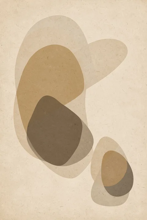 Earthy Flowing Shapes. Translucent rounded forms in layered shades of beige, tan, and brown overlap on textured cream paper.