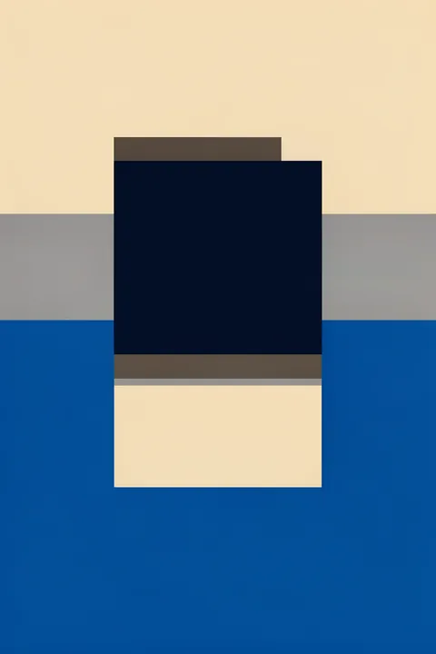 Geometric Color Block. Overlapping horizontal fields of cream, gray, and blue frame a central stack of dark navy and brown rectangles.