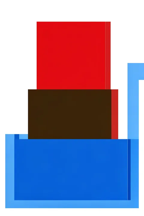 Geometric Color Block. Floating red, brown, and blue rectangles overlap on a white ground, creating a bold geometric arrangement.
