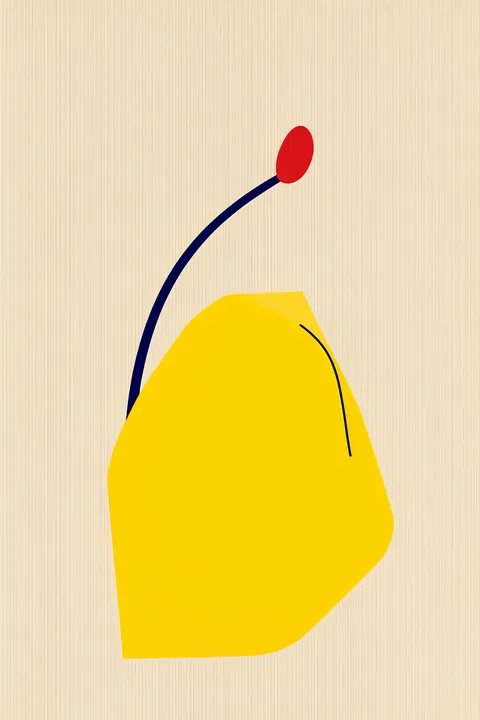 Modern Organic Forms. A large rounded yellow form is crossed by a curving navy line that ends in a small red oval against cream.