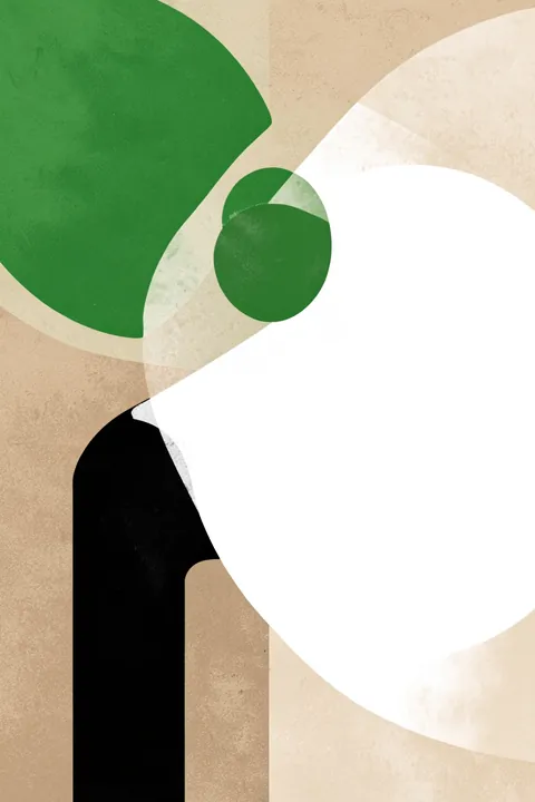 Modern Organic Forms. Large green, white, and black organic shapes overlap on a textured beige ground.