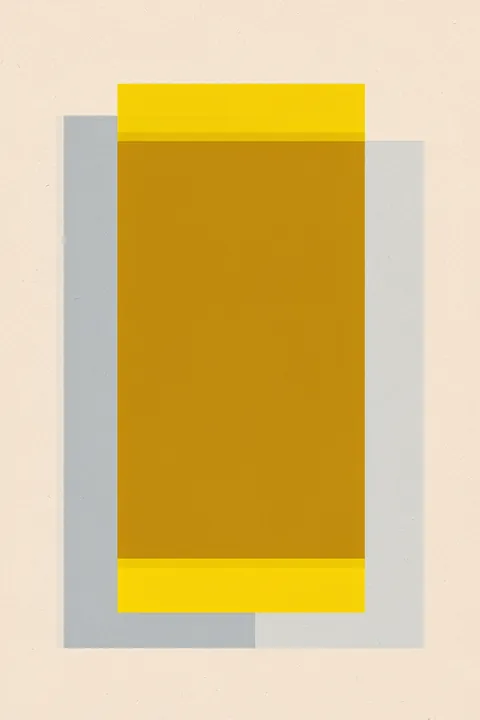 Muted Geometric Blocks. A tall mustard-yellow rectangle overlays a translucent gray panel on a warm off-white background.