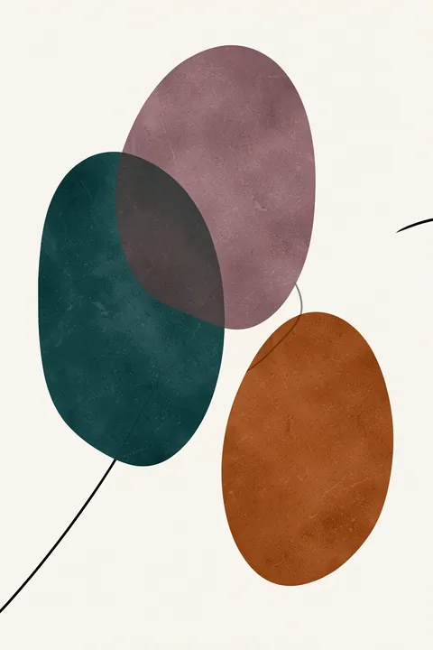 Muted Organic Overlap. Three textured oval forms in muted mauve, deep teal, and rust overlap on cream, crossed by thin curved lines.