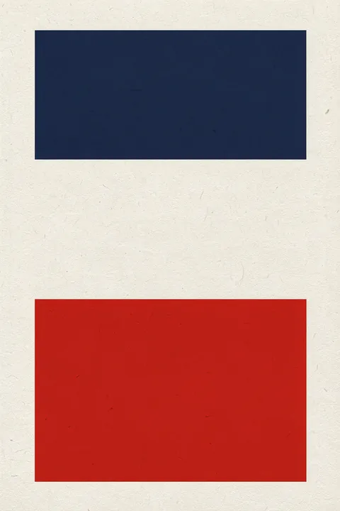 Red Blue Abstract Blocks. A dark navy rectangle near the top and a bright red rectangle below are separated by a broad off-white gap.