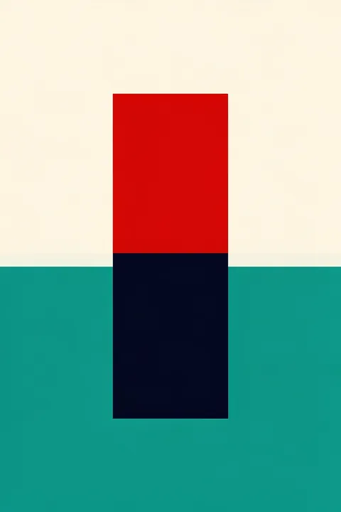 Red Blue Geometric Blocks. A red-and-navy vertical rectangle stands centered across cream and teal horizontal fields.