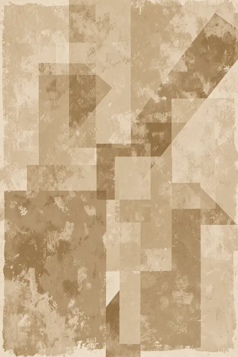 Sepia Geometrics. Layered squares, rectangles, and angled blocks form a dense geometric composition in muted sepia and tan tones.