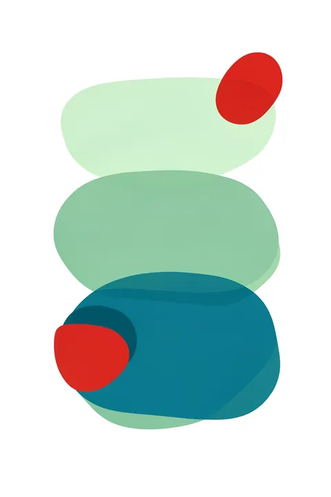 Soft Blue Harmony. Soft overlapping mint and teal horizontal forms with red circular accents create an abstract composition on white.