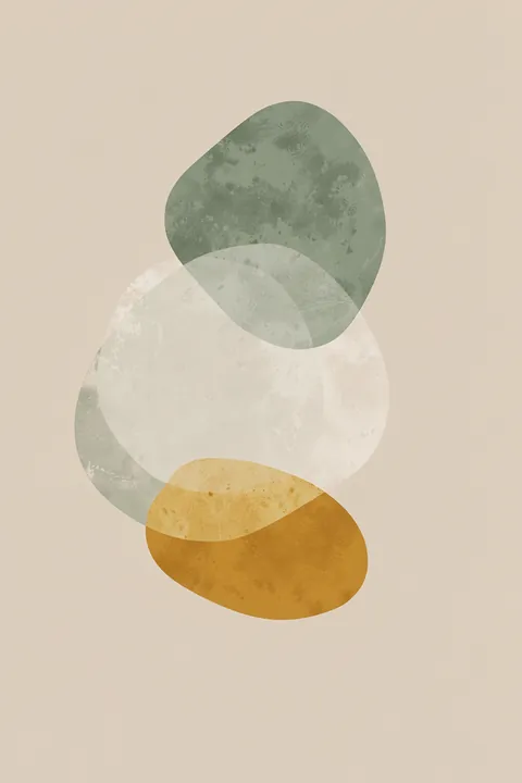 Soft Organic Stack. A stack of soft-edged abstract forms in muted sage, cream, and ochre sits against a pale background.